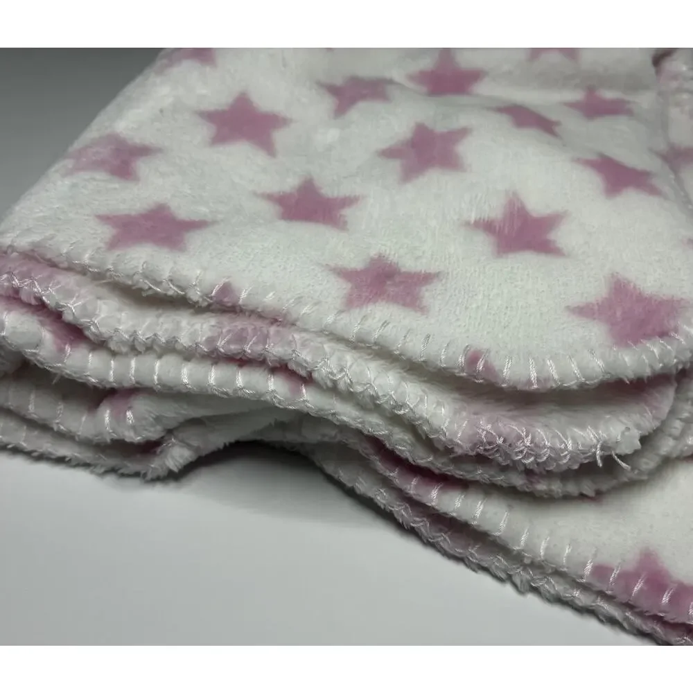 Silver One White Pink Stars Baby Blanket Plush Fleece Stitch Trim